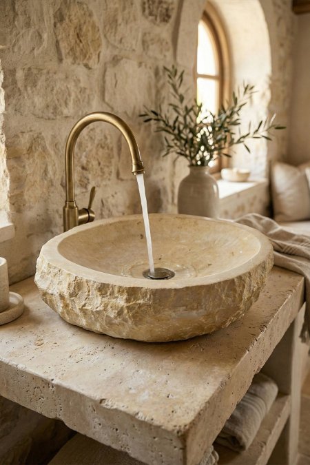 حوض حجر طبيعي دائري – 52×42 سم